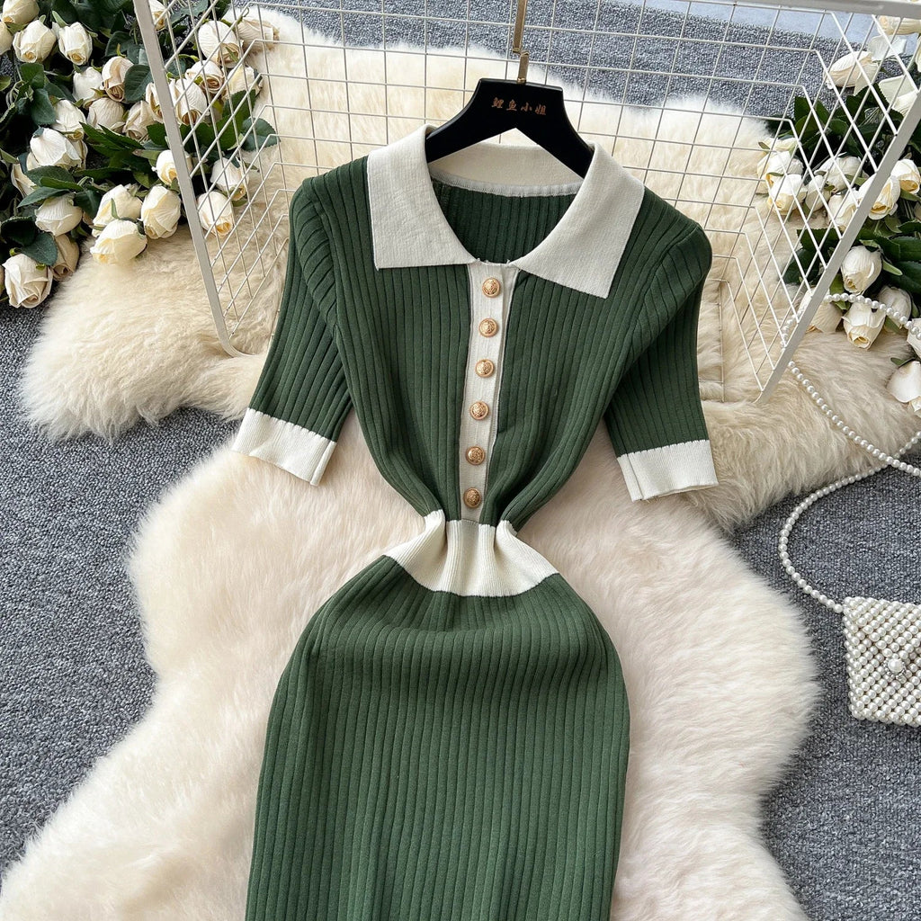 Patchwork Knitted Polo Collar Dress For Women Spring Summer
