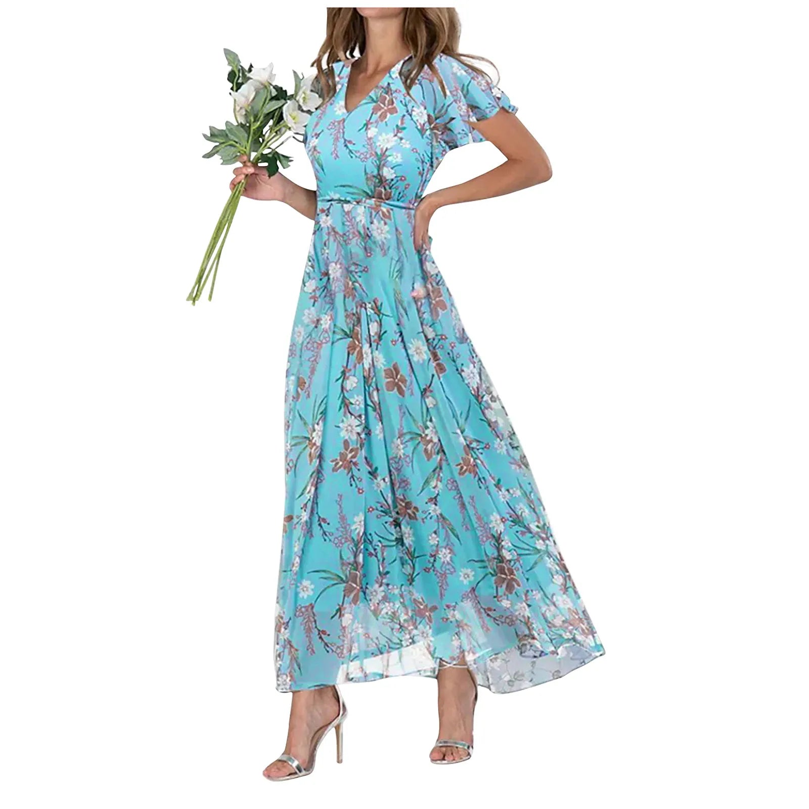 V Neck Floral Chiffon Maxi Dress With Ruffle Short Sleeves