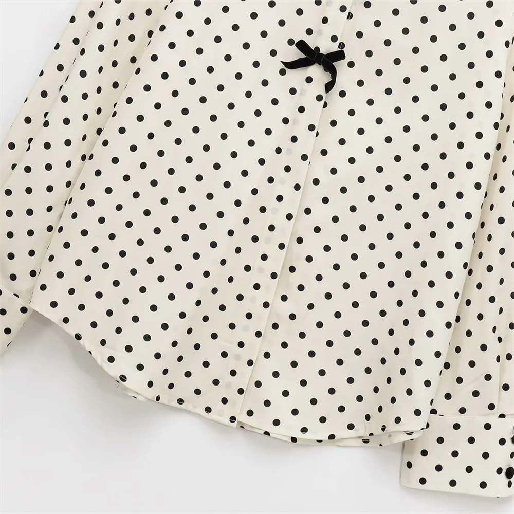 Women's Casual Long Sleeve Shirt with Butterfly Knot and Wave Point Pattern Single Breasted Stylish Blouse