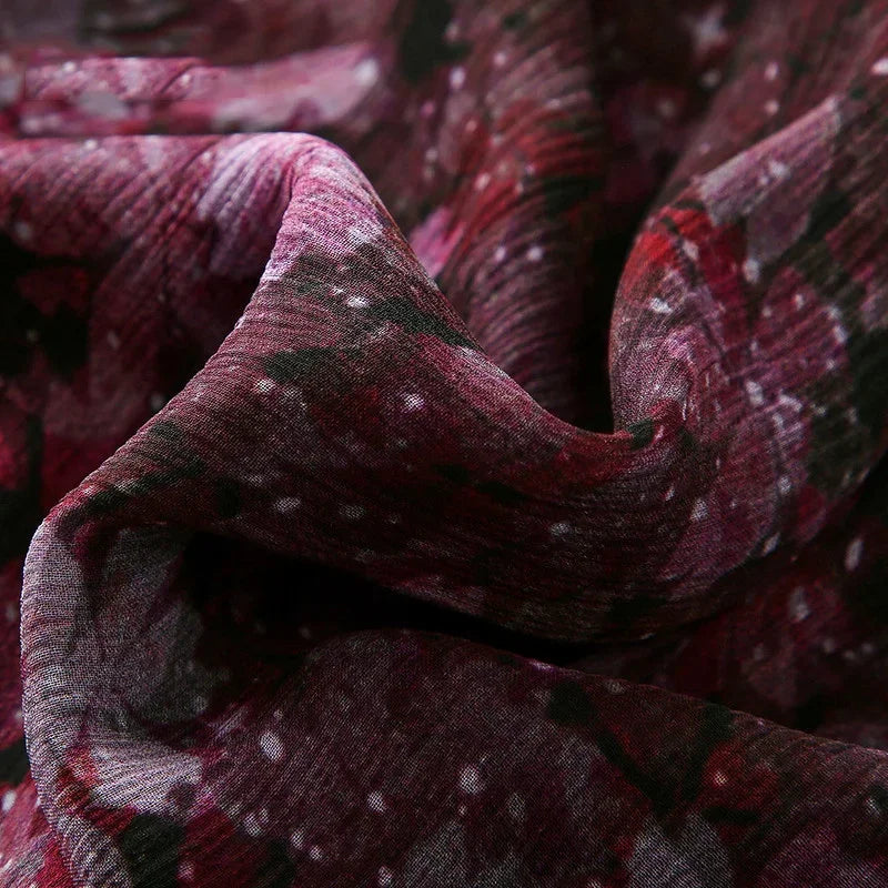 Purple Floral Chiffon Dress With V Neck And Lantern Sleeves