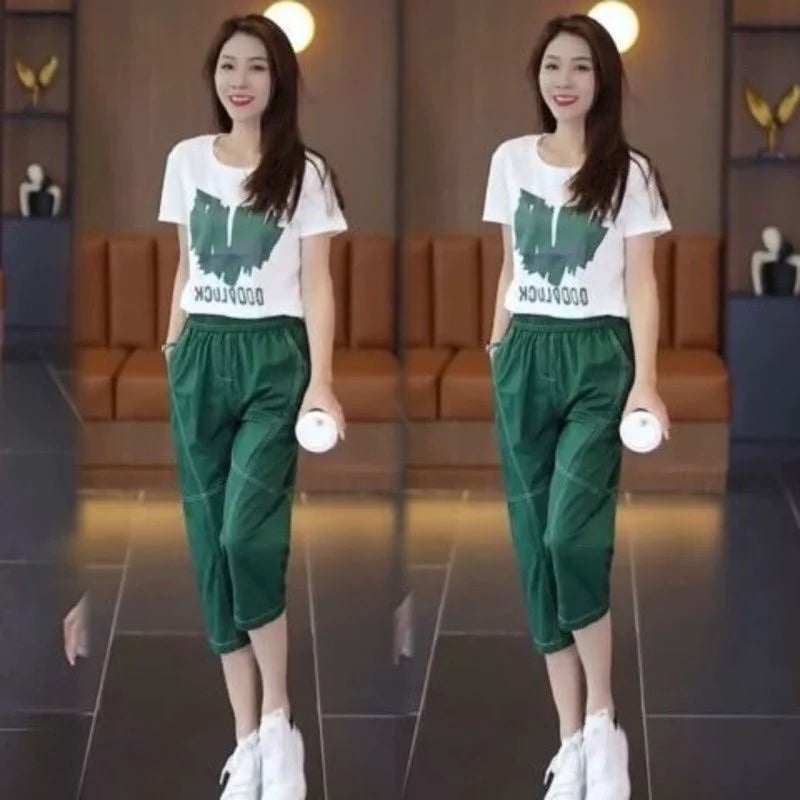 Women's Casual Summer Two Piece Set with Short Sleeve T-Shirt and Calf-Length Pants