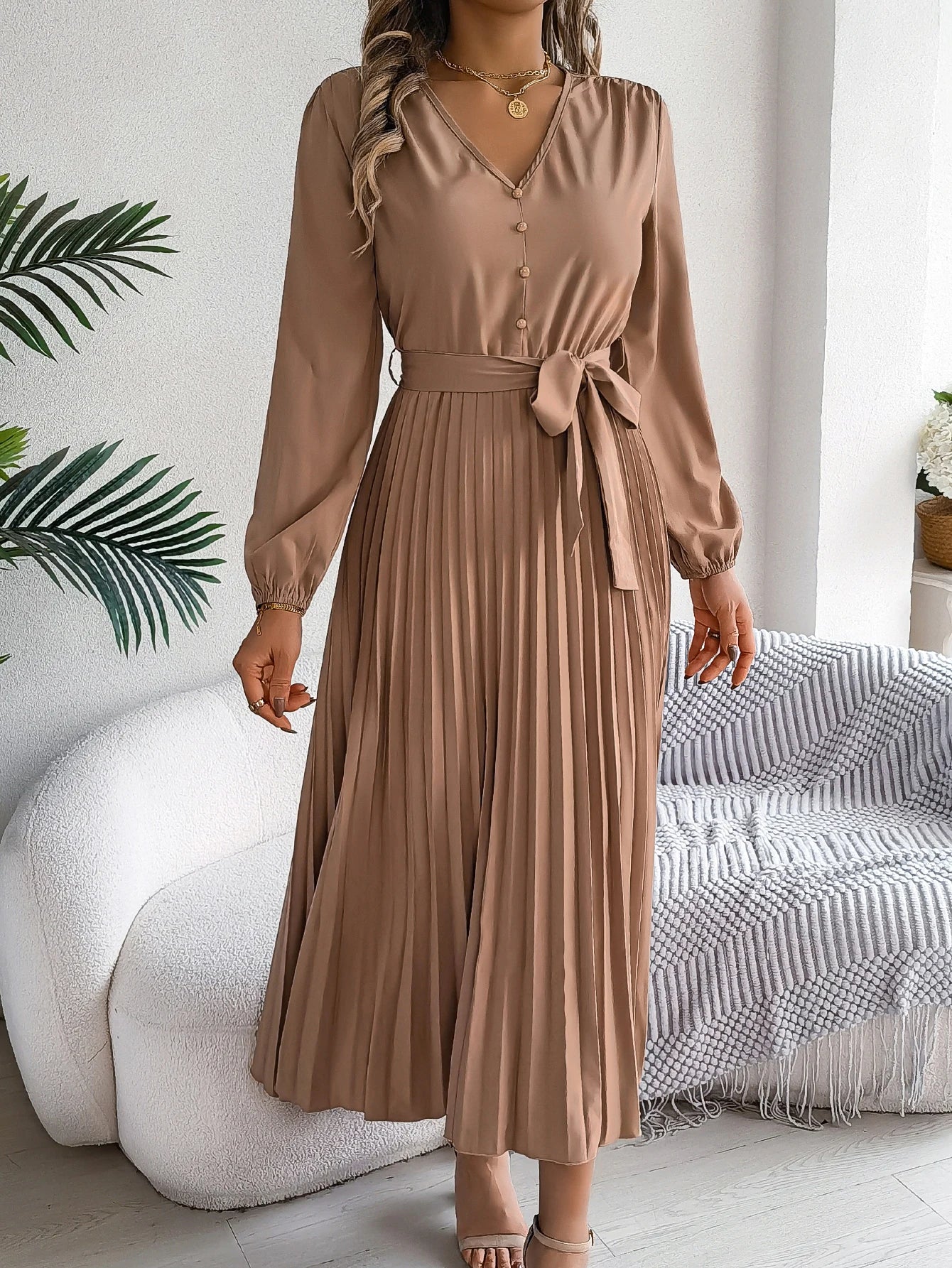Elegant Autumn V Neck Belted Pleated Long Sleeve Dress
