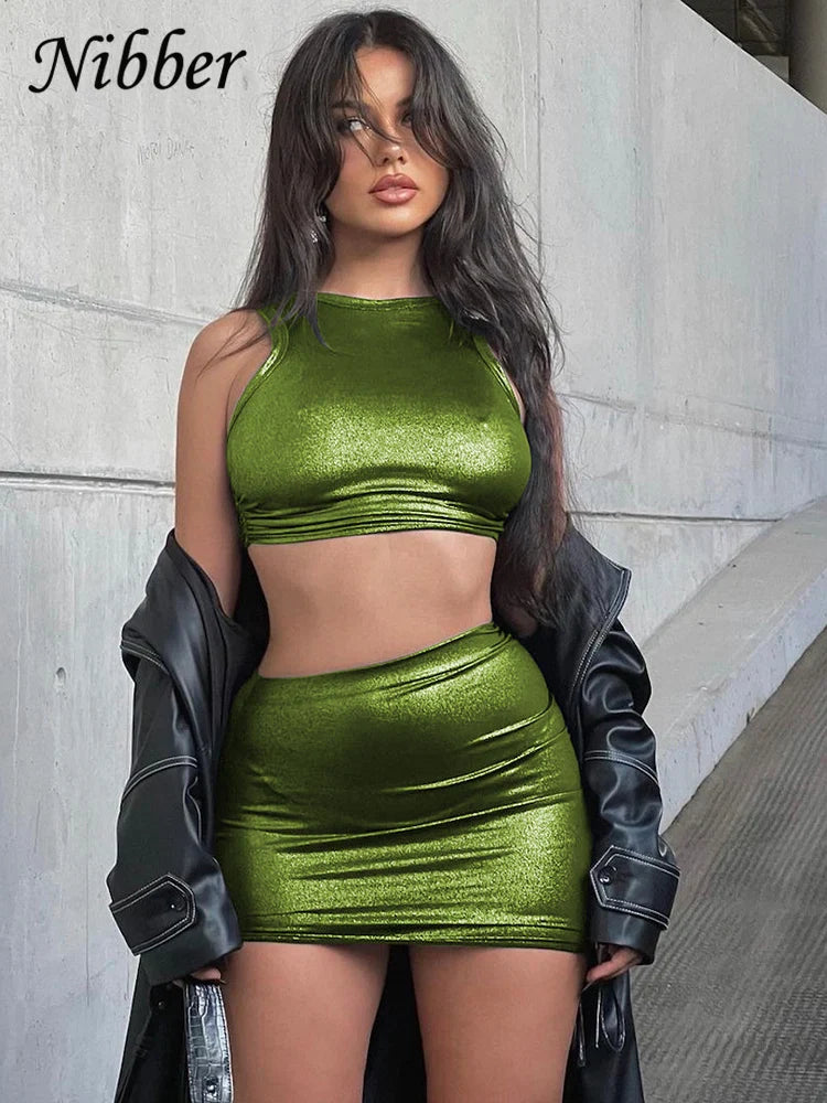 Shiny Silky Two Piece Set for Women Skinny Sleeveless Vest with Sexy Drawstring Hip Wrap Skirt Casual Streetwear Outfit
