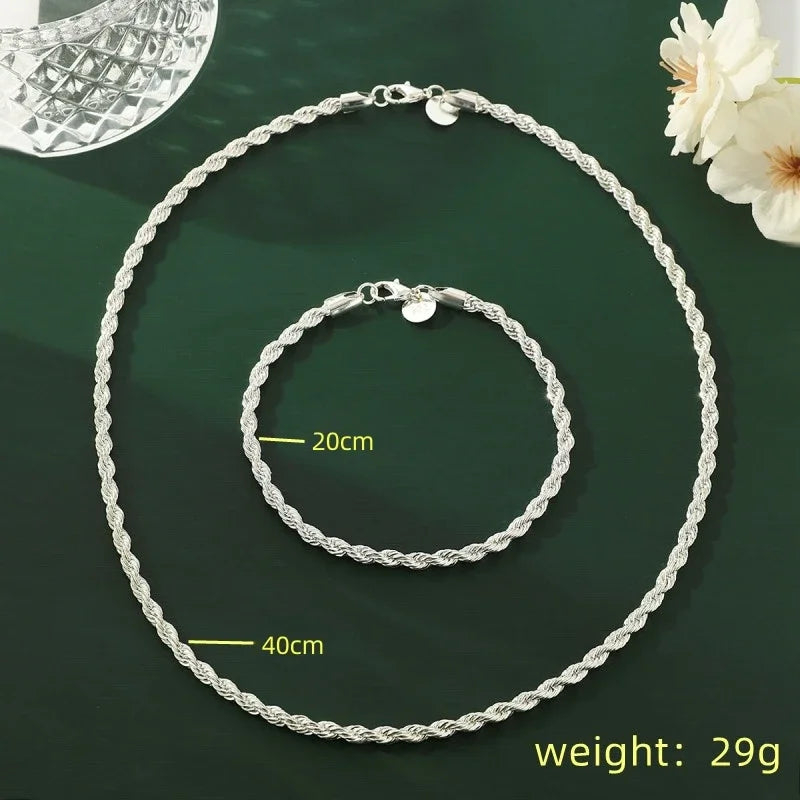 925 Sterling Silver Twisted Rope Chain Necklace and Bracelet Set for Men and Women High Quality Jewelry