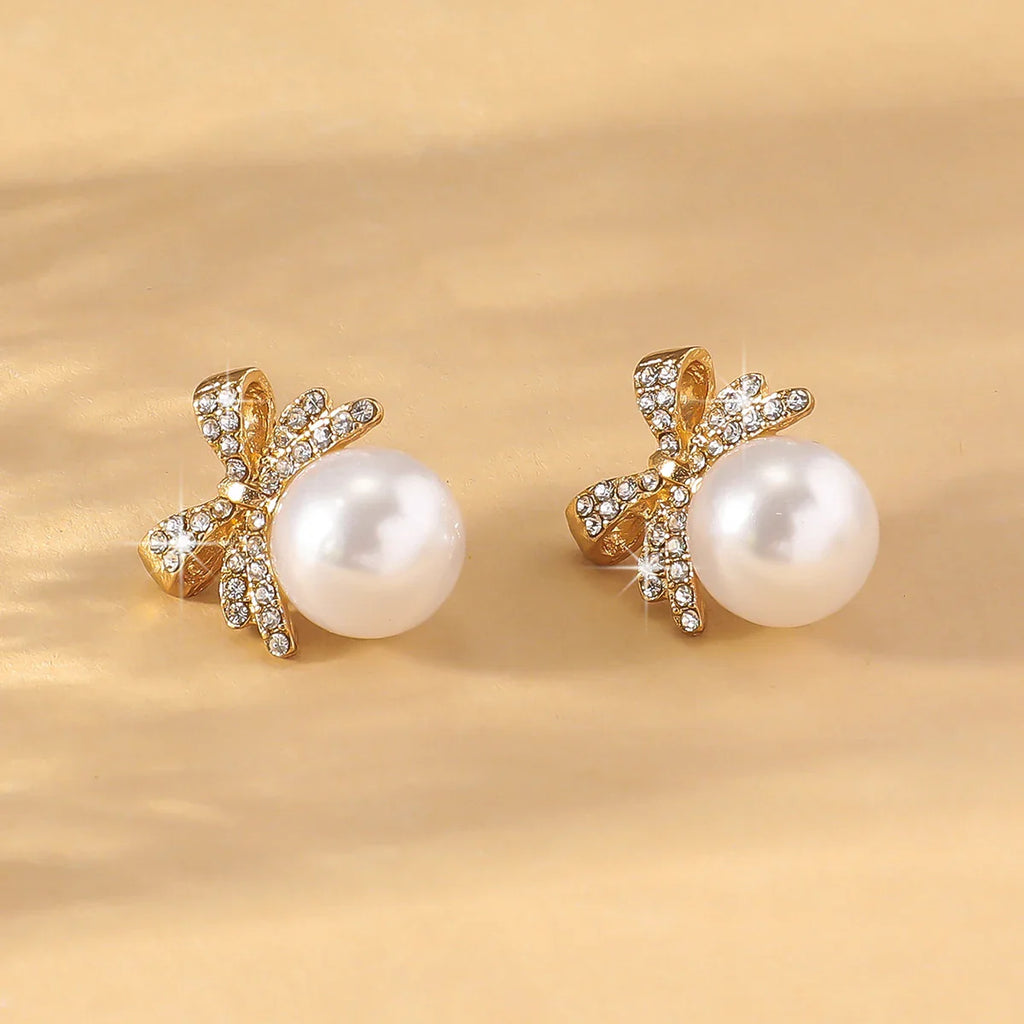 Women's Bowknot Diamond Pearl Earrings in Silver, Unique High-End Fashion Jewelry