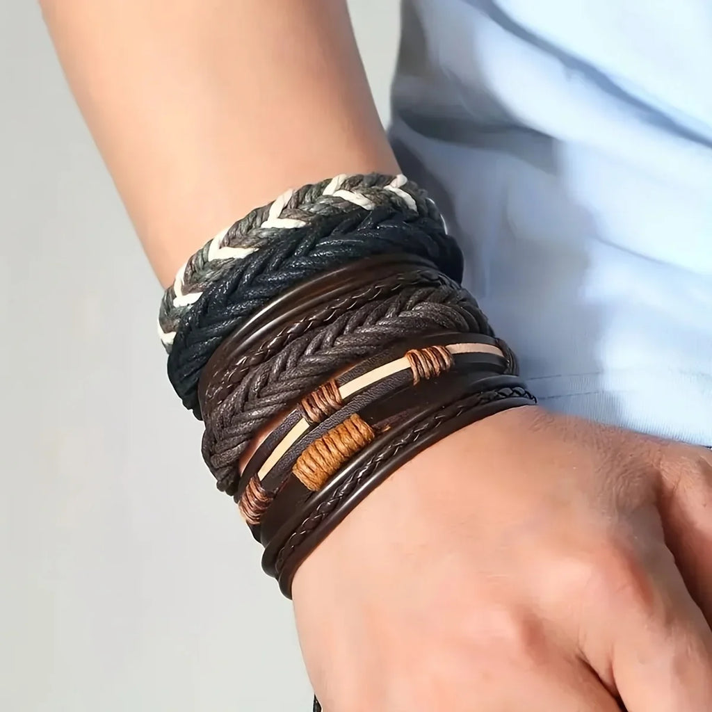 40Pcs Braided Leather Bracelets Set for Men and Women with Wooden Beads Adjustable Cuff Wristbands and Ethnic Tribal Designs