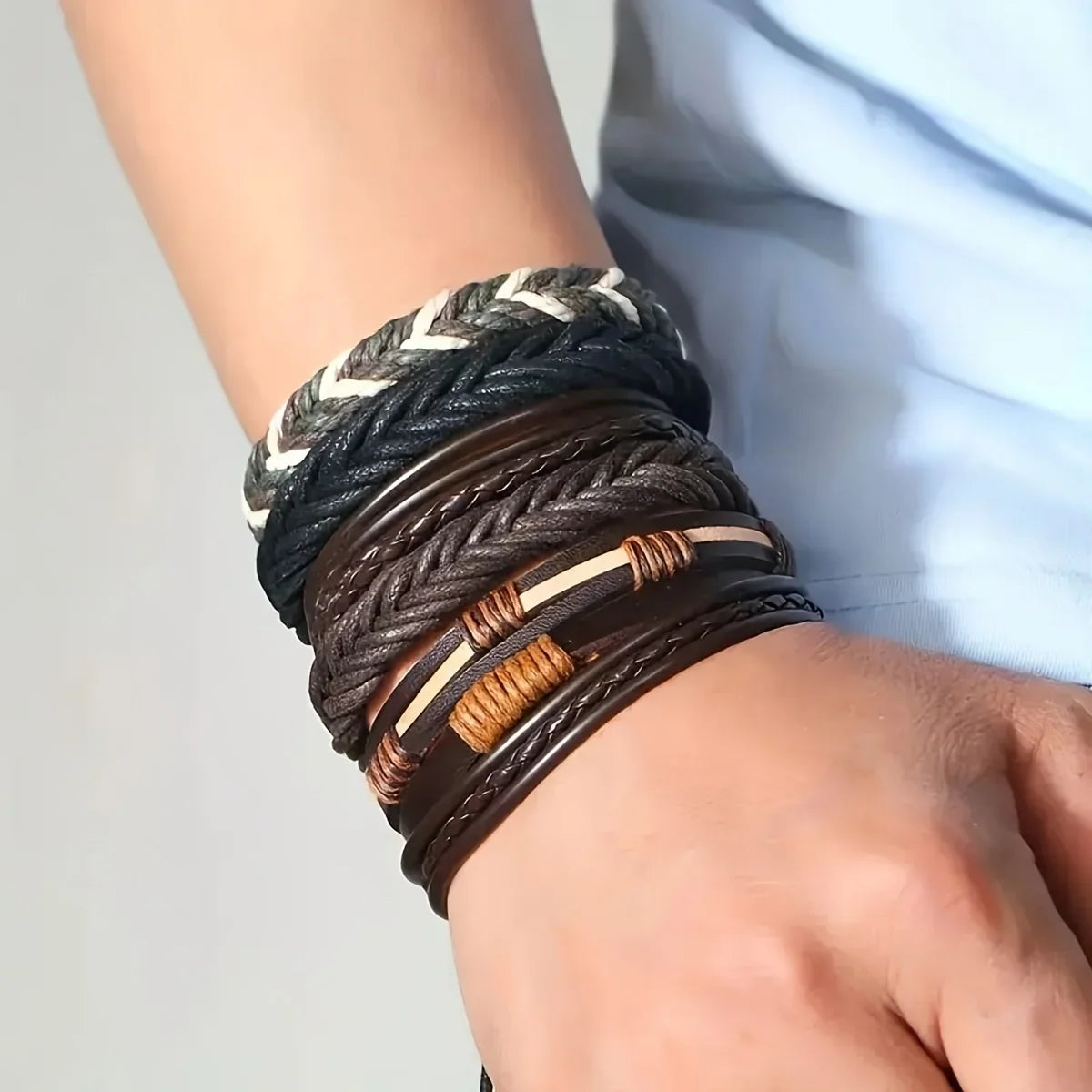 40Pcs Braided Leather Bracelets Set for Men and Women with Wooden Beads Adjustable Cuff Wristbands and Ethnic Tribal Designs