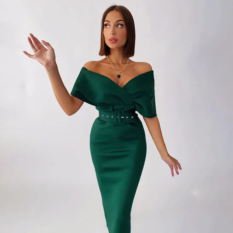 Off Shoulder High Waist Belted Summer Dress For Women