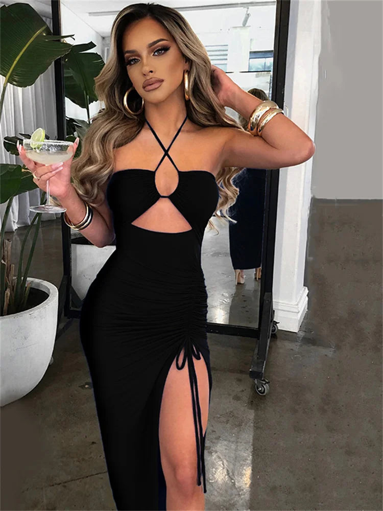 Backless Party Dress Hollow Out Drawstring High Split Style