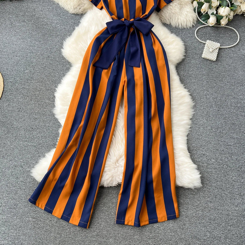 Sleeveless V Neck Stripe Jumpsuit for Women with Lace Up Bow Detail Summer Long Romper High Street Korean Inspired Style