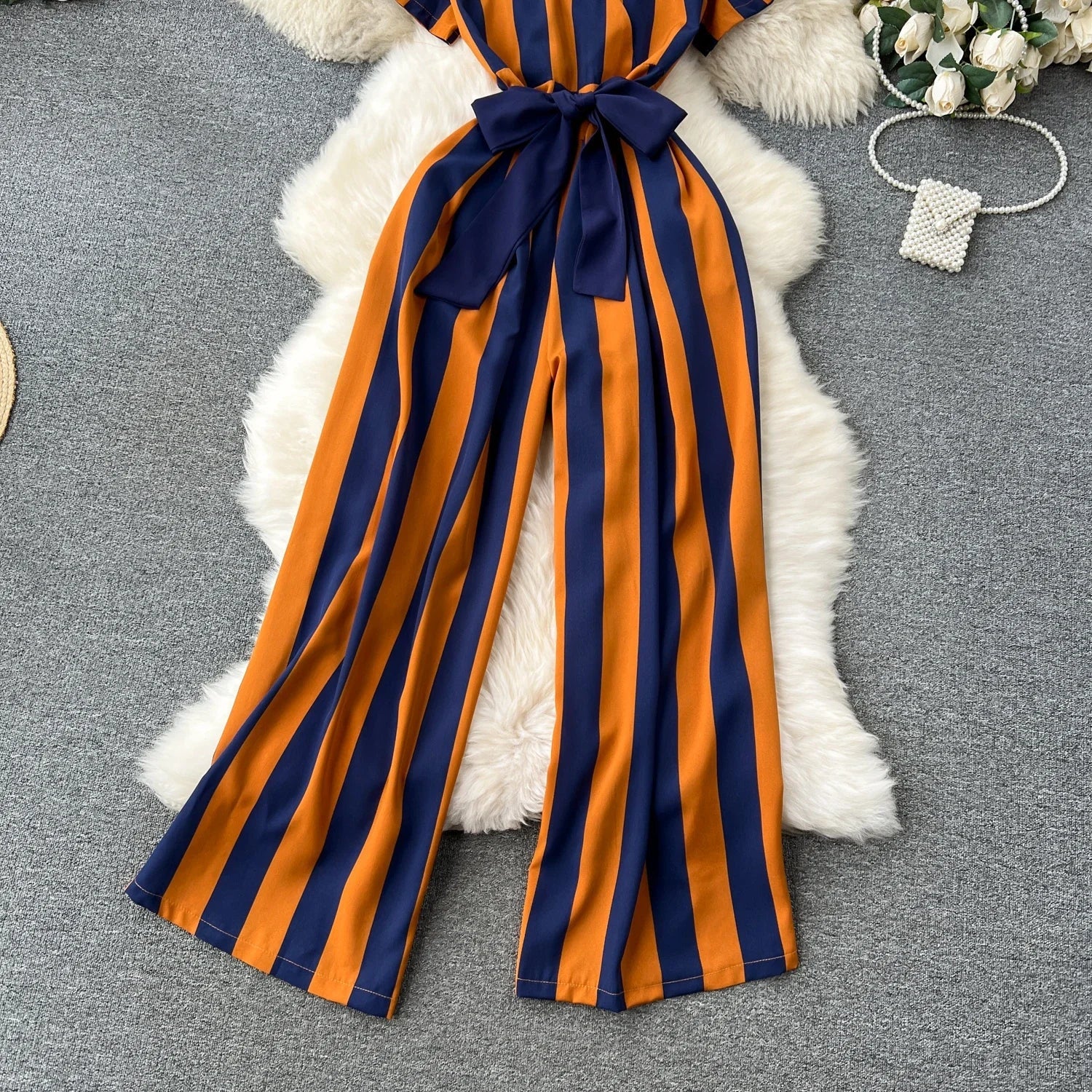 Sleeveless V Neck Stripe Jumpsuit for Women with Lace Up Bow Detail Summer Long Romper High Street Korean Inspired Style