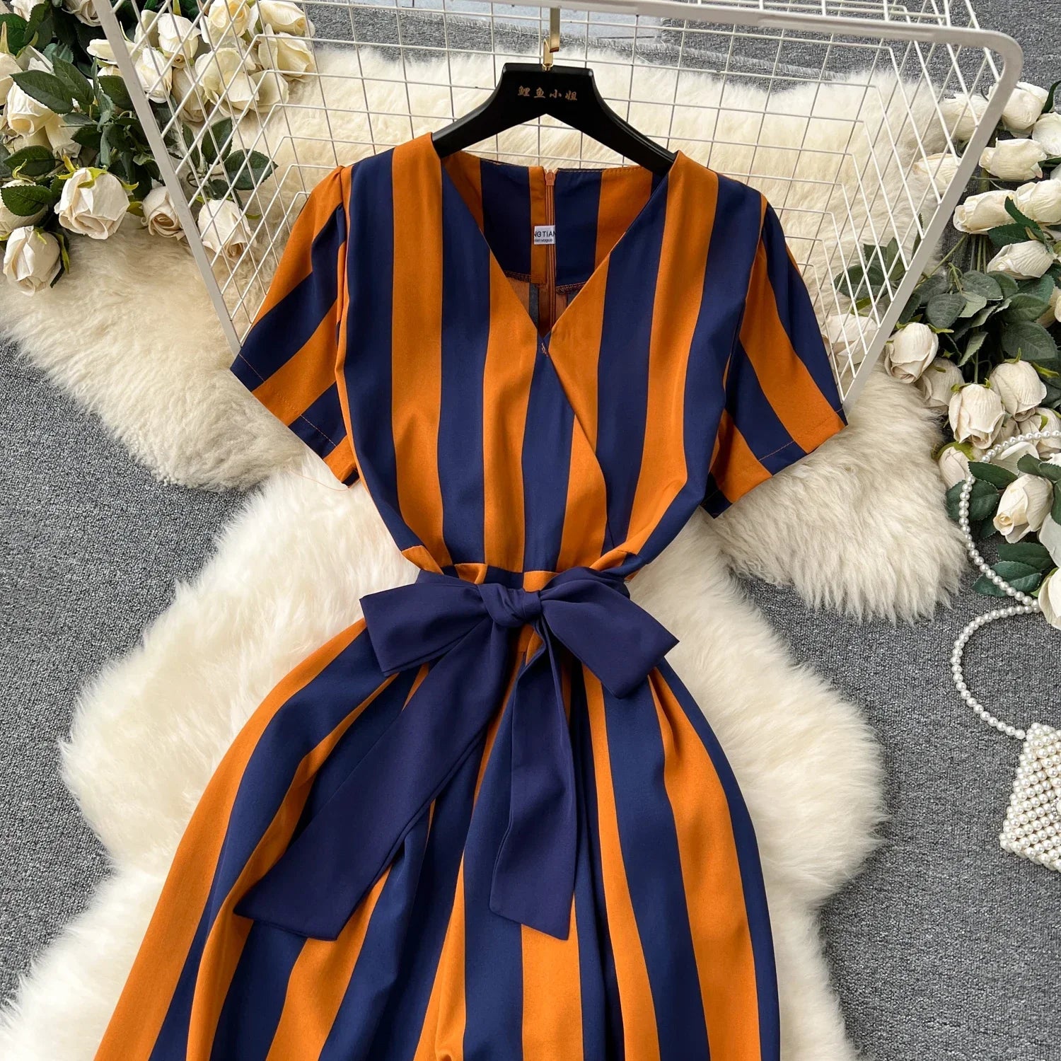 Sleeveless V Neck Stripe Jumpsuit for Women with Lace Up Bow Detail Summer Long Romper High Street Korean Inspired Style