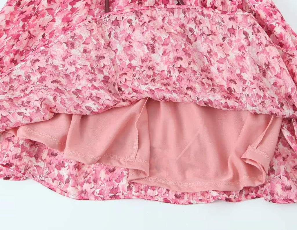 Floral Print Midi Dress V Neck Long Sleeve With Waist Tie