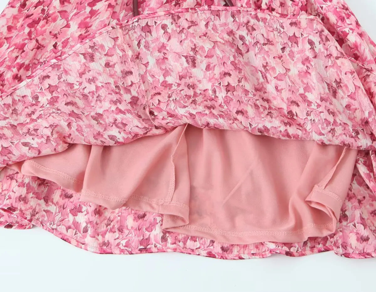 Floral Print Midi Dress V Neck Long Sleeve With Waist Tie