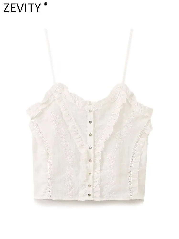 Women's Sexy Lace Floral Embroidery Short Blouse Chic Single Breasted Sling Vest Top