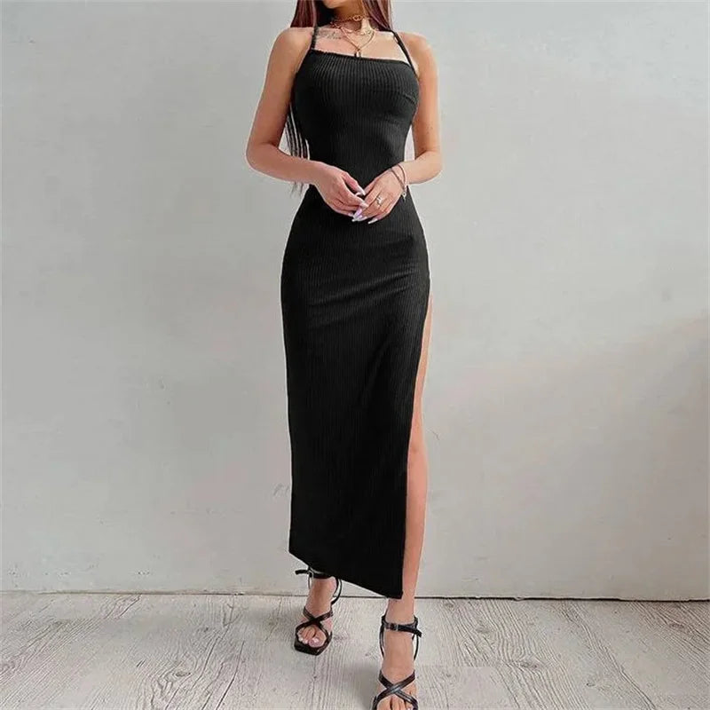 Black Bodycon Dress Halter Neck Spaghetti Strap High Split