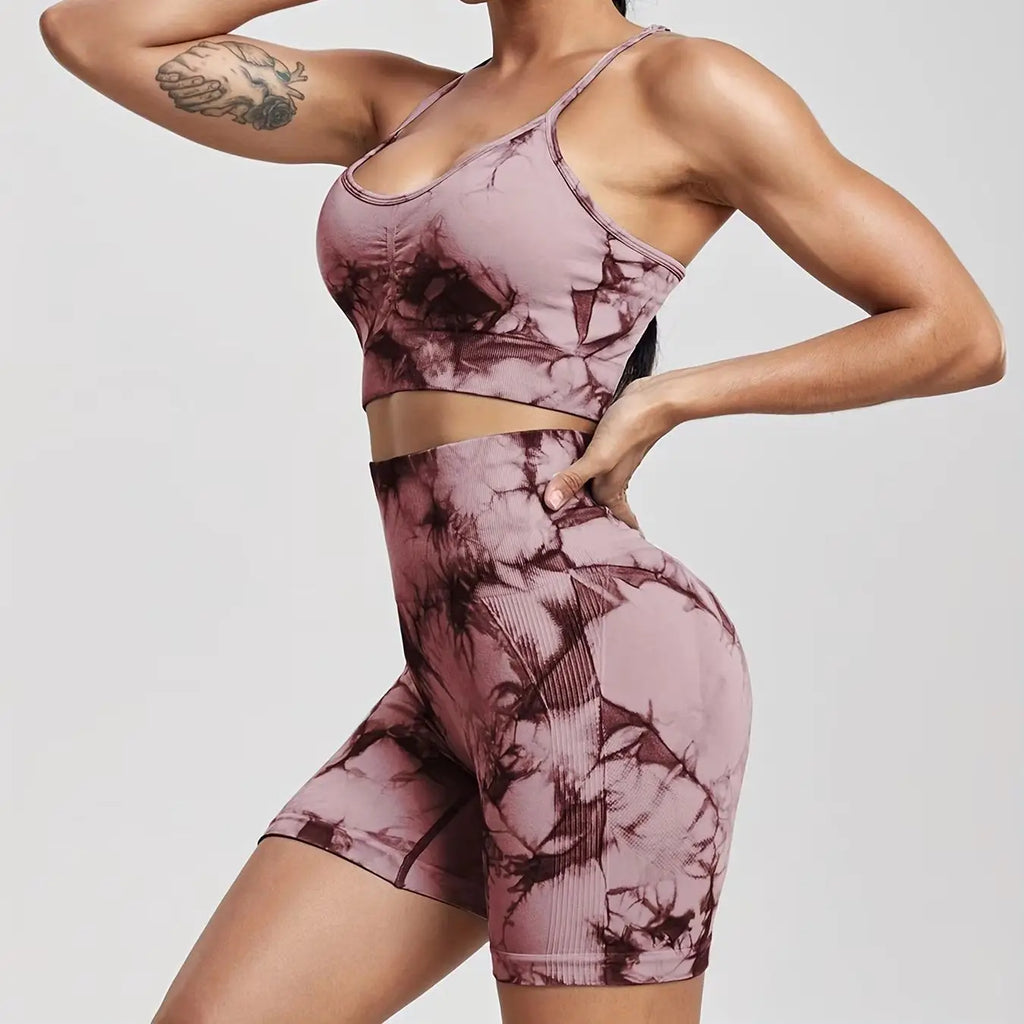 2-Piece Women Tie-Dye Sports Shorts and Crop Top Set Breathable Athletic Workout Gym Outfit Perfect for Yoga Fitness and Biking