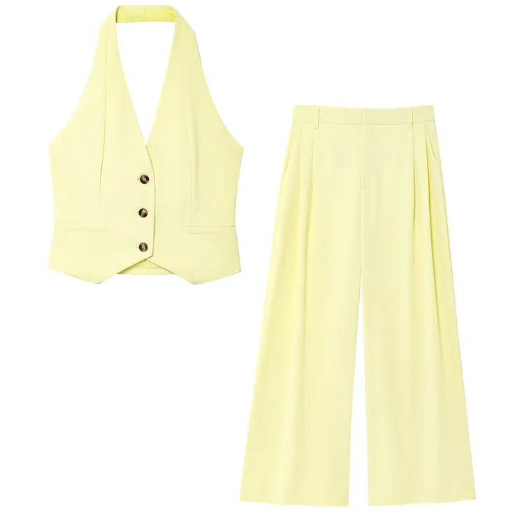 Double Pleat Trouser Set for Women with V Neck Halter Waistcoat and High Waist Trousers