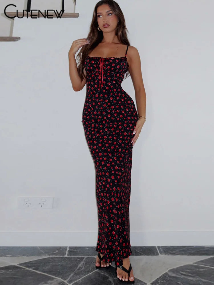 Rose Print Maxi Dress for Women Summer Bodycon Style