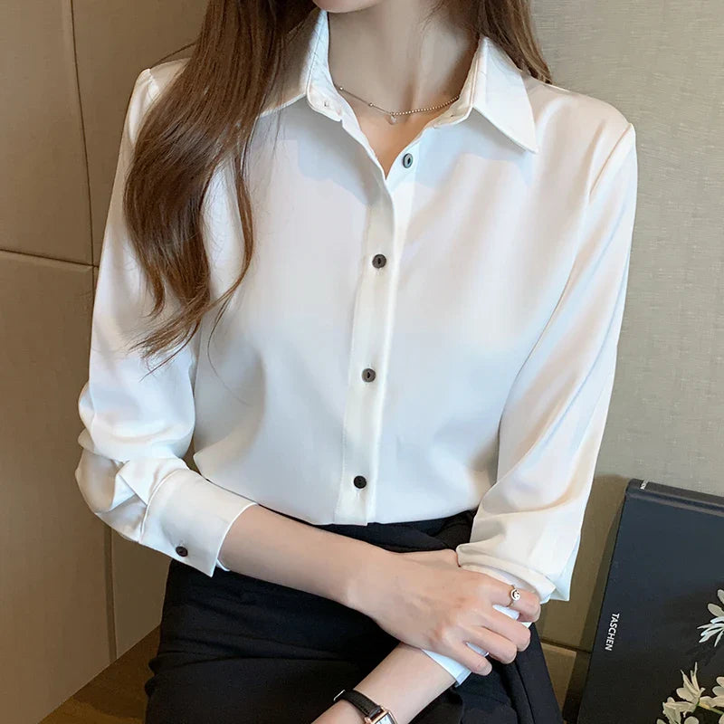Elegant Satin Long Sleeve Blouse for Women Casual Office Shirt Solid White Basic Top