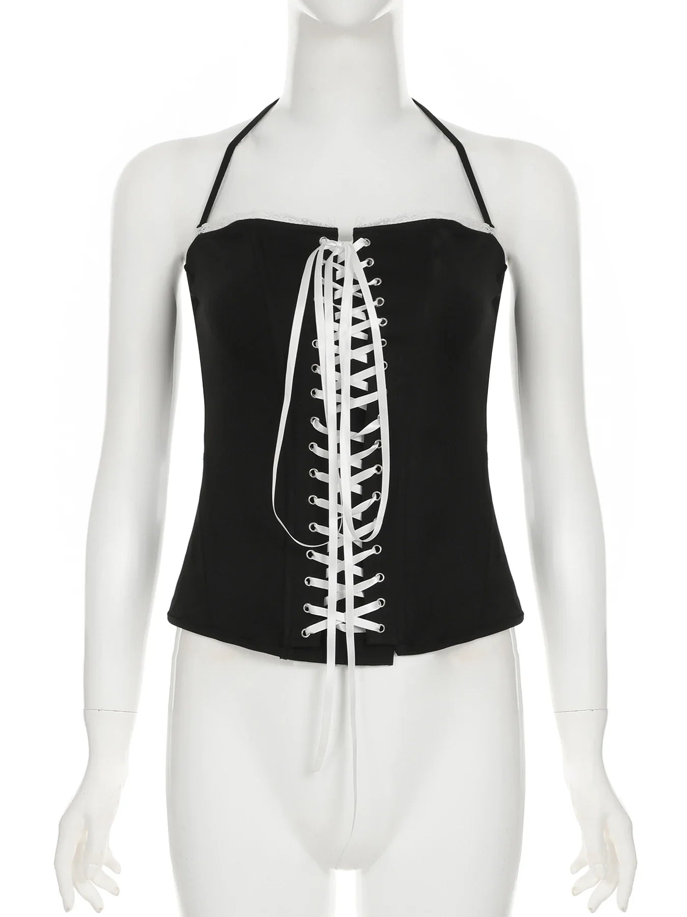 Slim Contrast Color Two-Piece Dress Set for Women Bandage Slash Neck Halter Top with Low-Waisted A-Line Skirt Elegant Sweet Casual Outfit