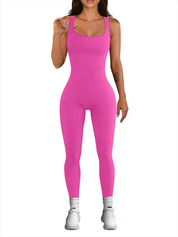 Women's Sleeveless Ribbed Yoga Jumpsuit with Square Neck and High Waist One-Piece Fitness Sports Vest