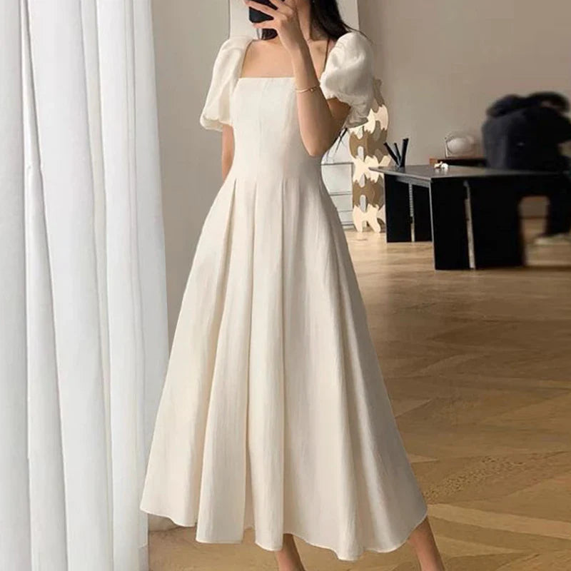 Korean Elegant Puff Sleeve A Line Dress Square Neckline