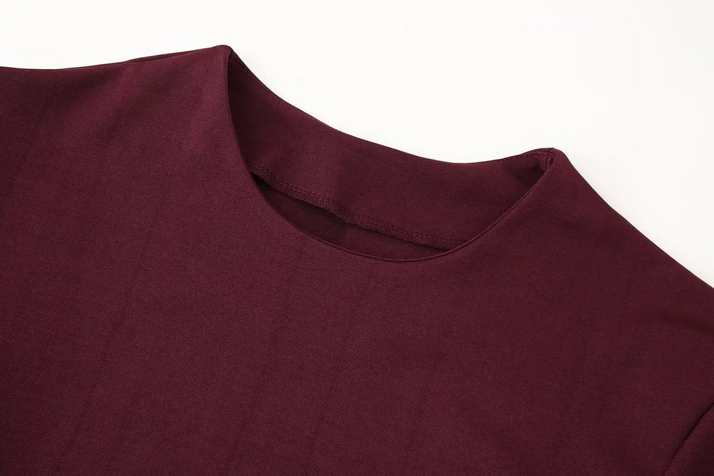 Casual Chic Red Women Elastic Two-Piece Set Long Sleeve Slim O Neck Top with High Waist Wide Leg Pants Stylish Spring Summer Outfit