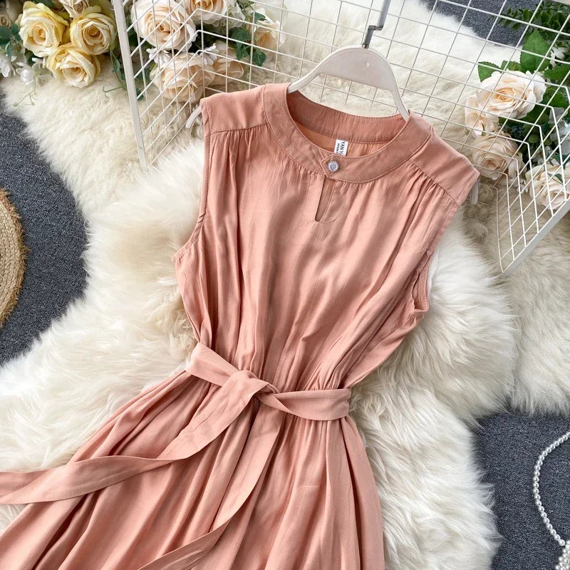 Sleeveless Summer Dress Solid Colors Green Blue Yellow Casual