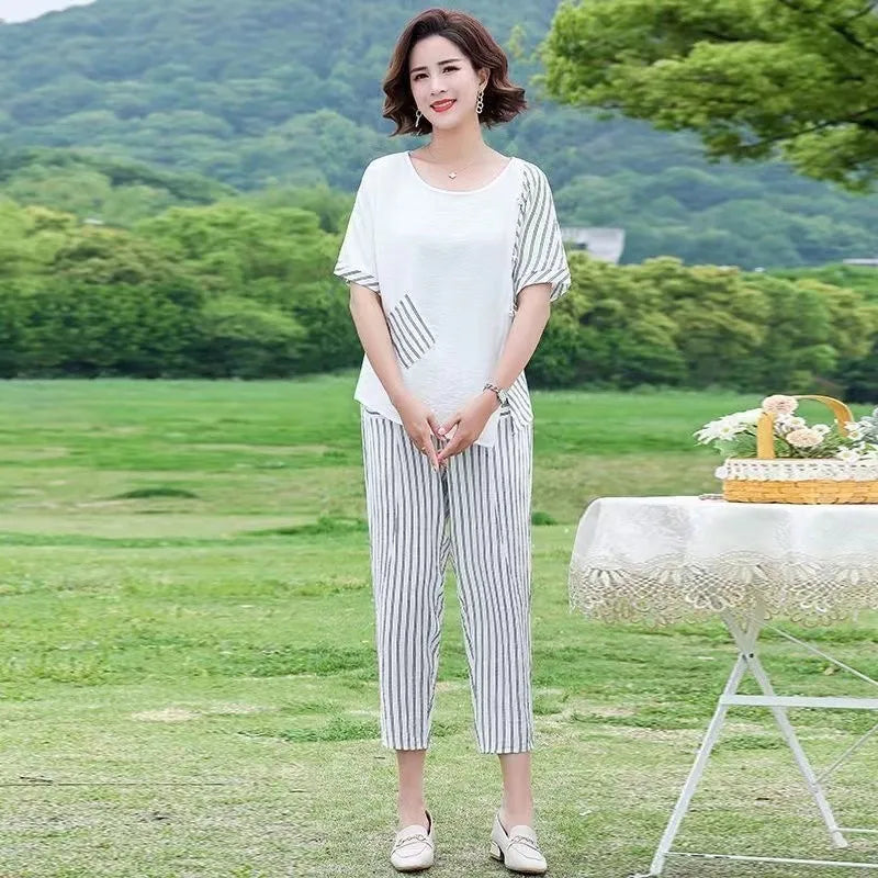 Vintage Cotton Linen Summer Outfit for Women Two Piece Suit with Loose Pants and Short Sleeve Blouse