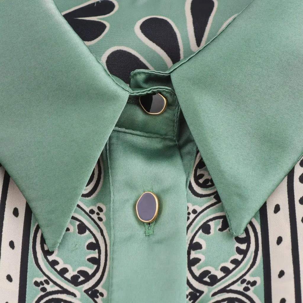 Loose Fit Long Sleeve Silk Satin Printed Shirt and Pants Set for Women