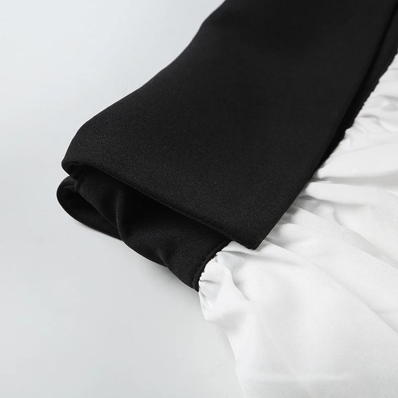 Slim Contrast Color Two-Piece Dress Set for Women Bandage Slash Neck Halter Top with Low-Waisted A-Line Skirt Elegant Sweet Casual Outfit