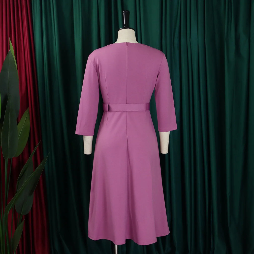 V Neck Office Dress For Women Belted Pleated Mid Calf