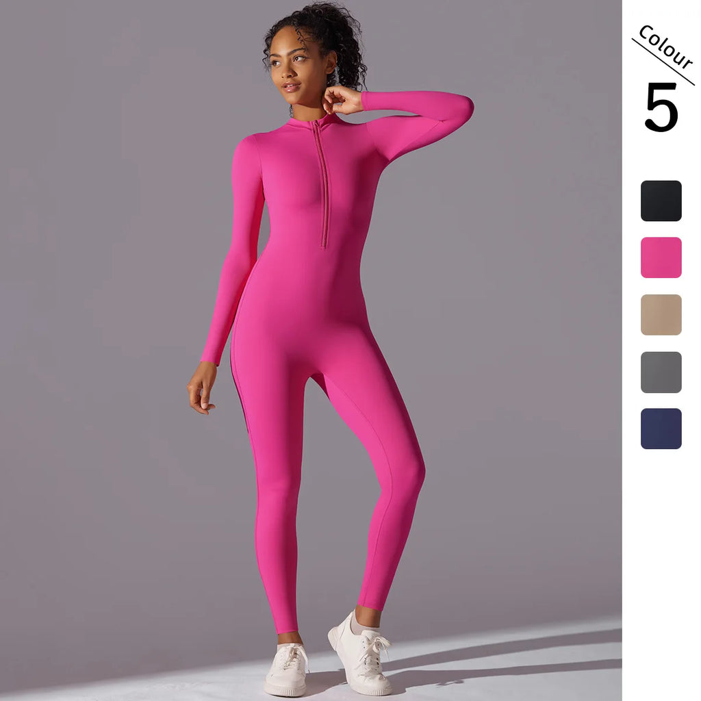 Women Nude Zipper Yoga Jumpsuit Long Sleeve One Piece Leotard High Intensity Workout Fitness Dance Gym Aerial Activewear