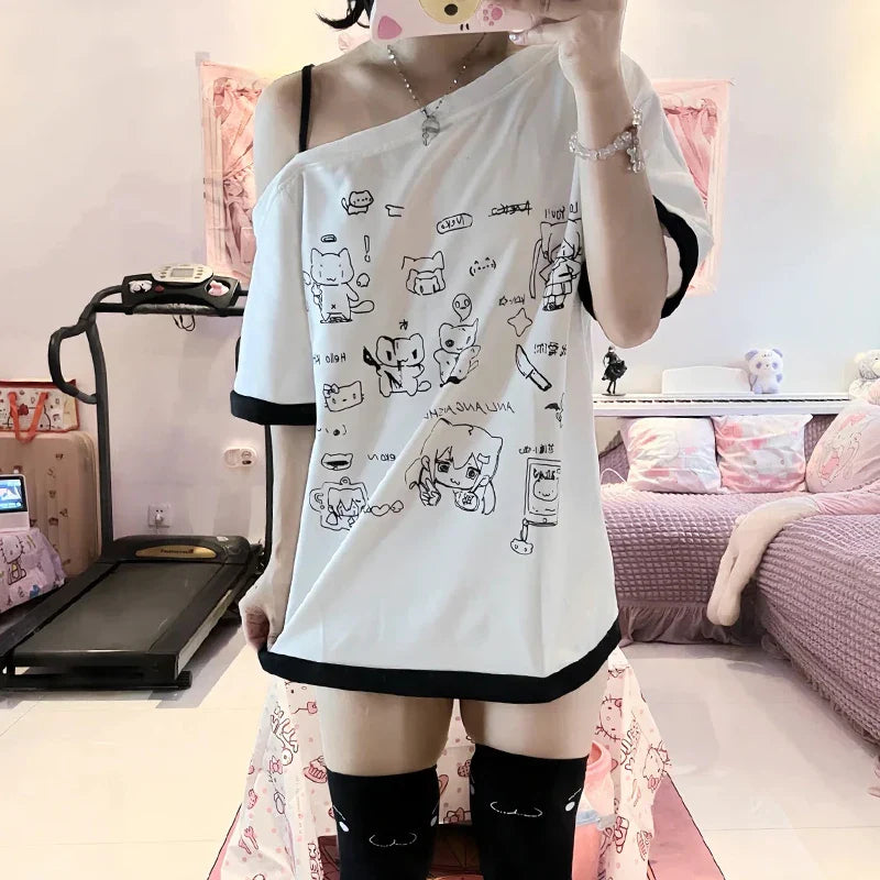 Japanese Y2K Subculture Cute Off-Shoulder White Short-Sleeved Cartoon Print Summer T-Shirt for Women