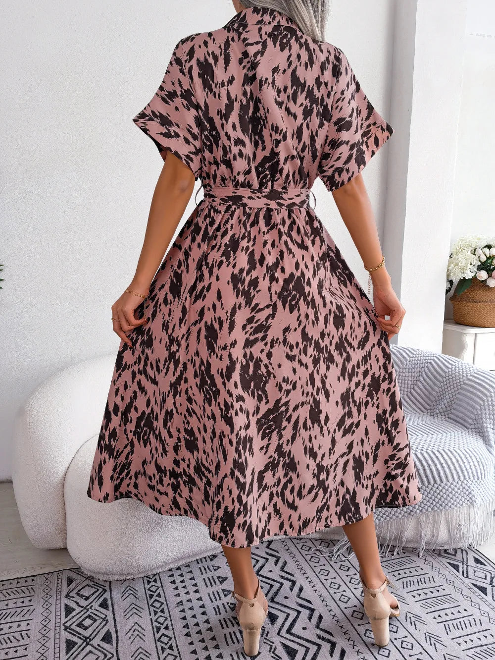 Leopard Print Shirt Dress Lace Up Casual Summer Style