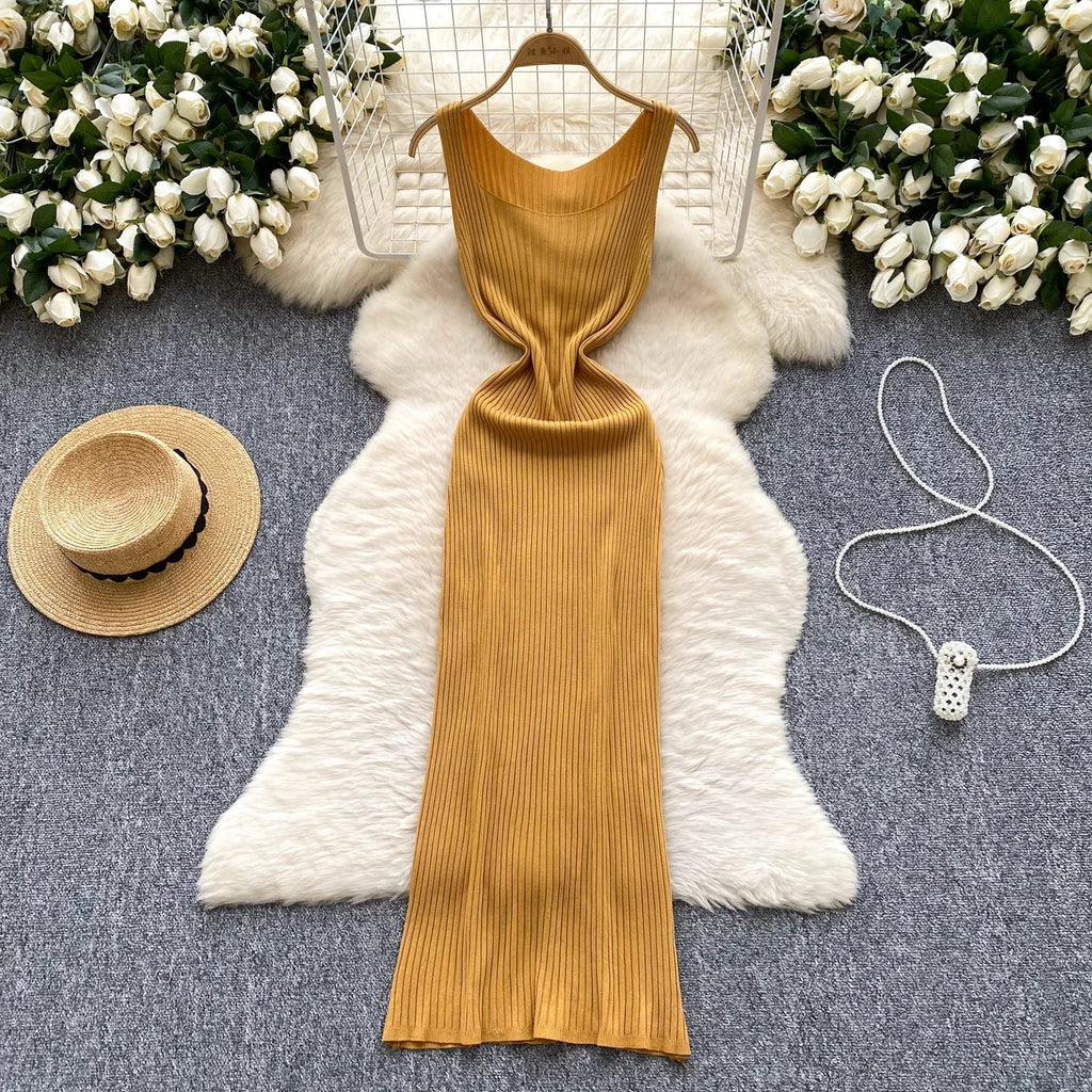Knit Maxi Dress Women Sleeveless O Neck Bodycon Solid