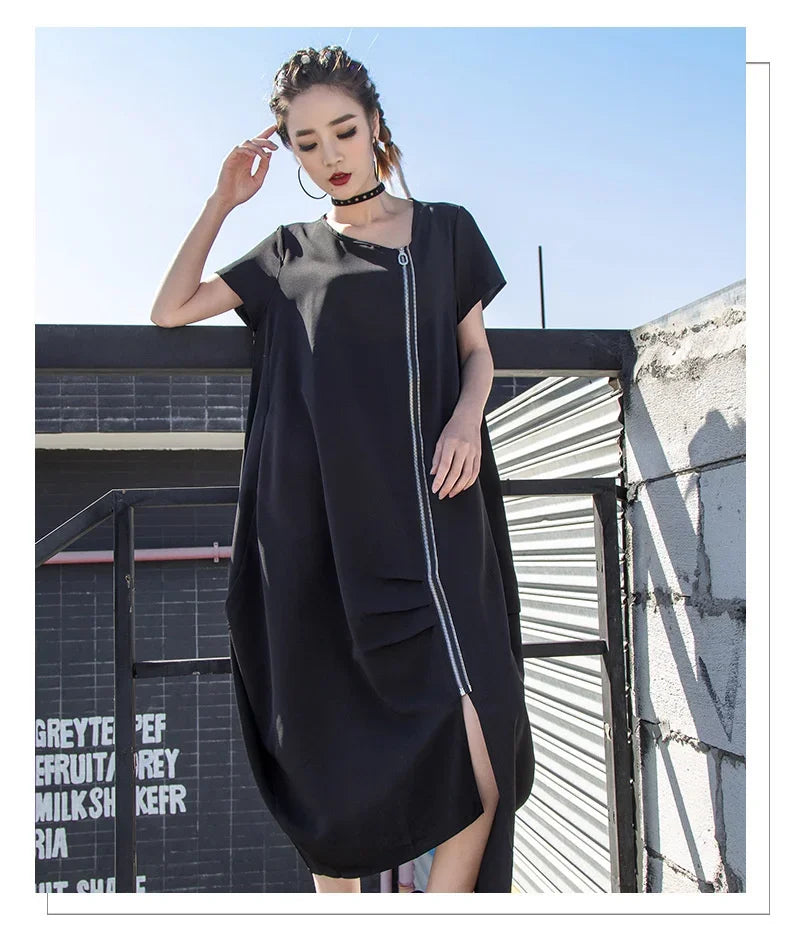 Black Zipper Dress For Women Elegant Casual Long Dress