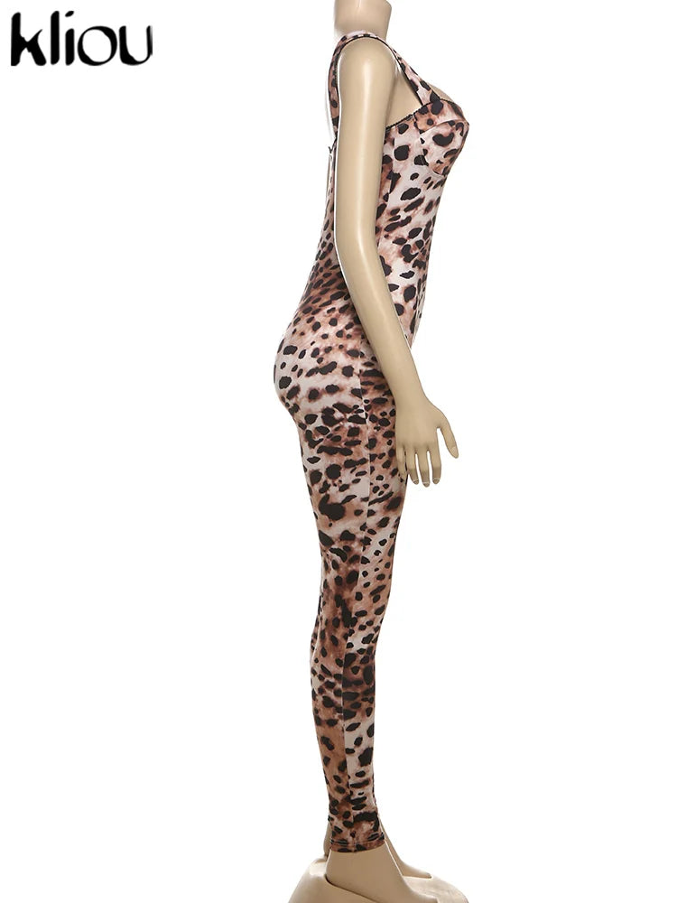 Leopard Print Women Jumpsuit Sexy Low Neck Spaghetti Strap Skinny Fit Clubwear Overalls