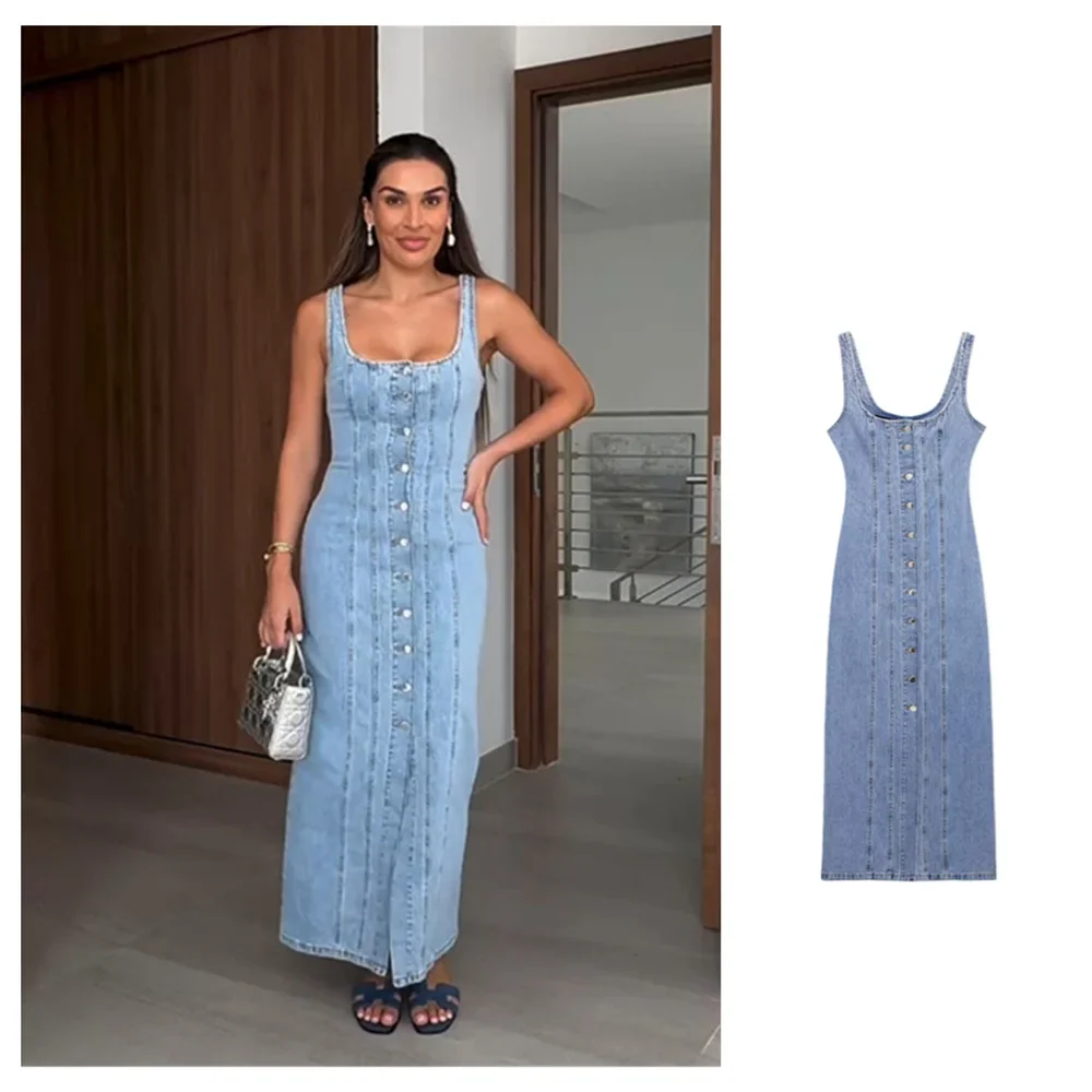 Belted Denim Midi Dress For Women With Cinched Waist