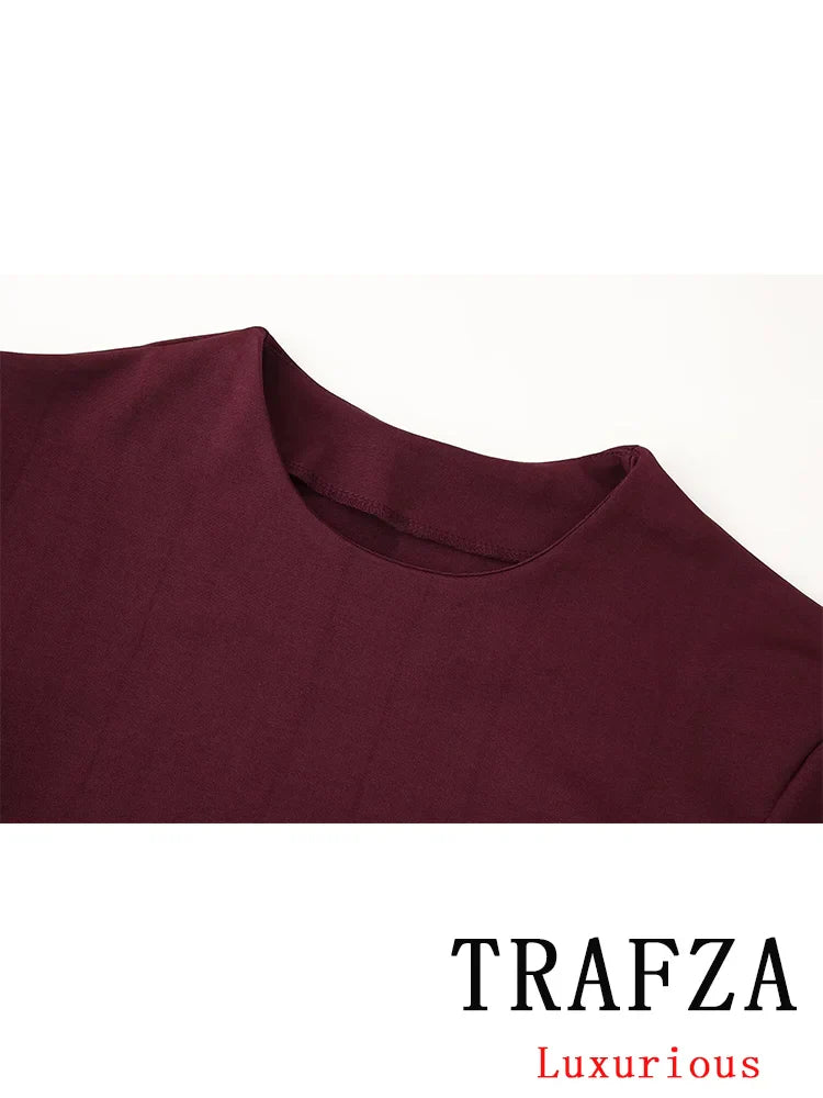 Casual Chic Red Women Elastic Suit with Long Sleeve O Neck Slim Top and High Waist Wide Leg Pants Fashion Set