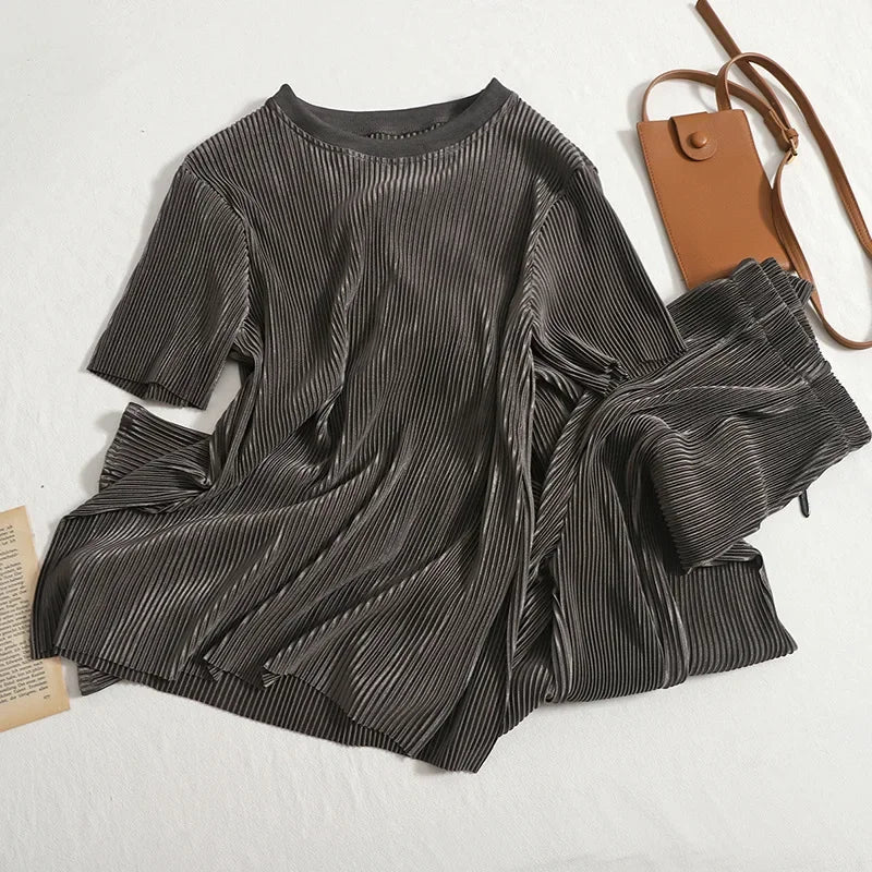 Elegant Summer Two Piece Set for Women Featuring Round Neck T-Shirt and High Waist Wide Leg Pants