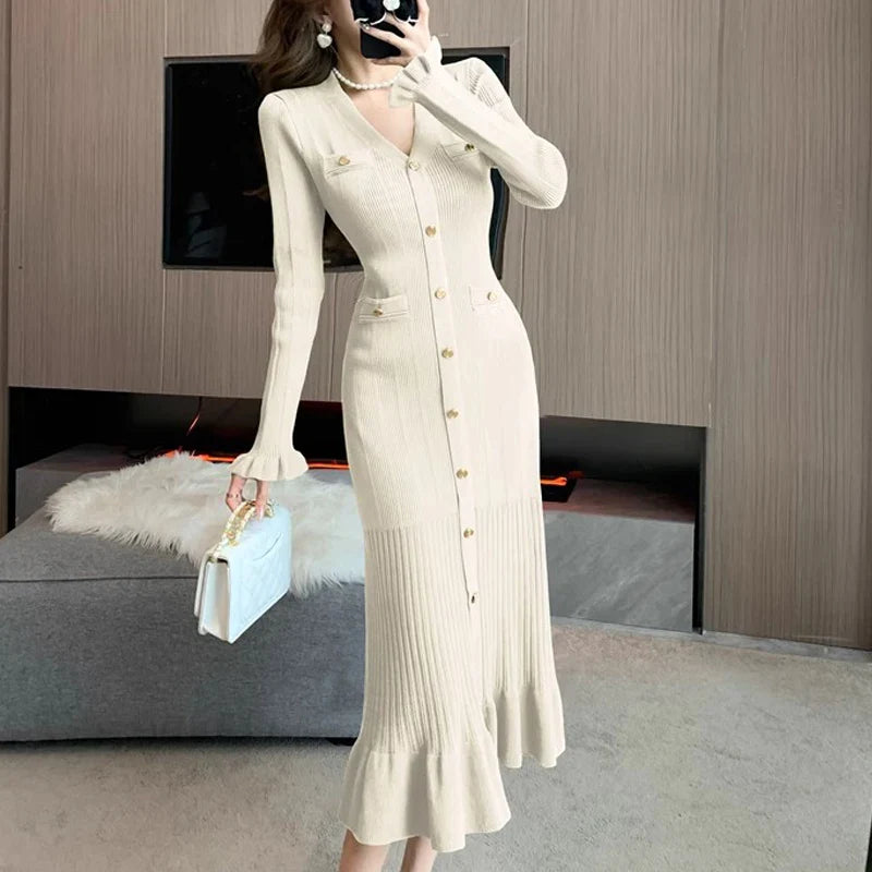 Elegant Knitted Long Sweater Dress With Button Details