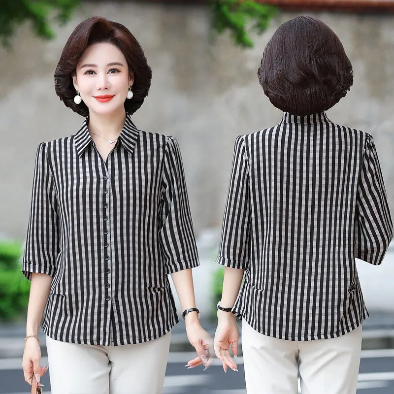 Elegant Plaid Print Loose Fit Button Down Shirt for Women with Turn Down Collar and Casual Half Sleeves Versatile Ladies Blouse Top for Everyday Wear