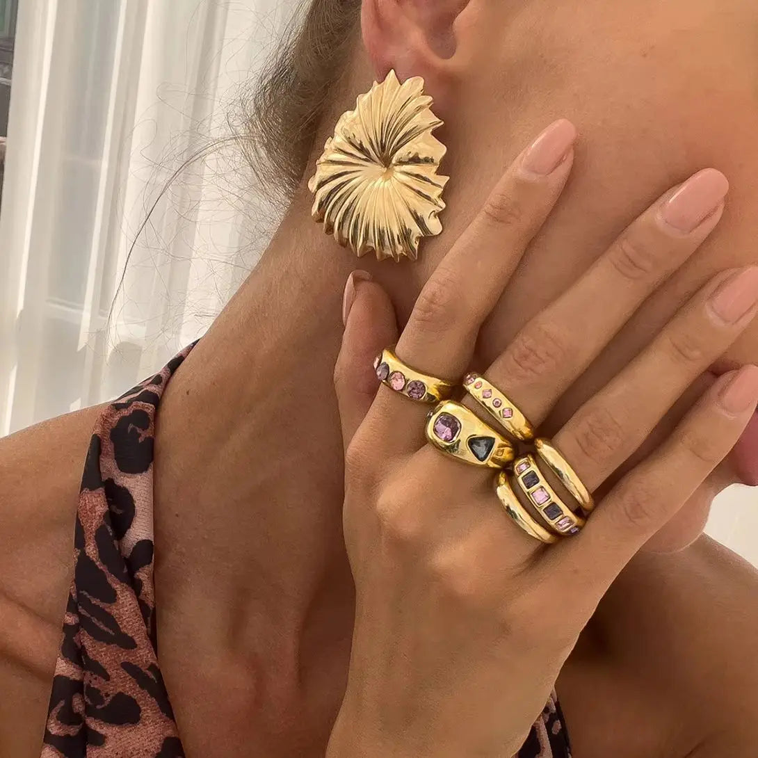 Adjustable Purple Zircon Inlaid Gold Color Ring Set for Women - 6 Piece Fashion Jewelry Collection