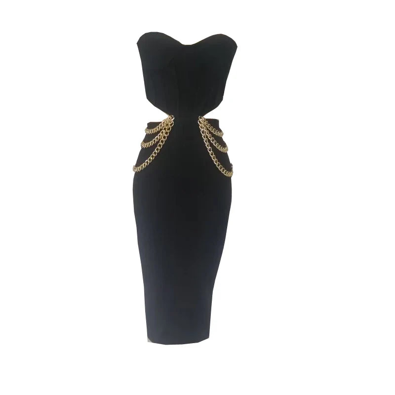 Strapless Hollow Out Bandage Midi Dress For Club Party