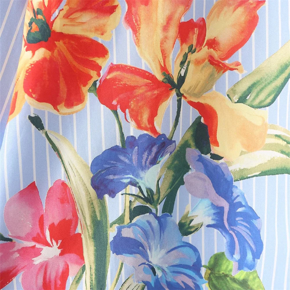 Women's Floral Print Striped Lapel Single-Breasted Long Sleeve Shirt for Early Autumn Fashion