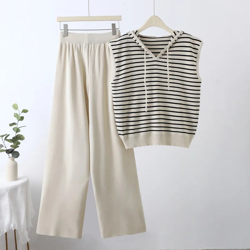 Women Casual Summer V-Neck Striped Tank Top and High Waist Wide Leg Pants Set