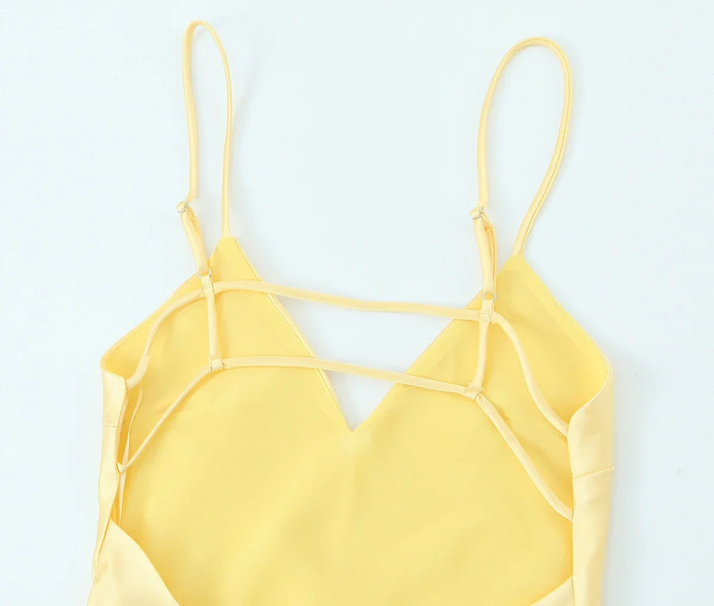 Yellow Satin Dress V Neck Backless For Women Party Evening
