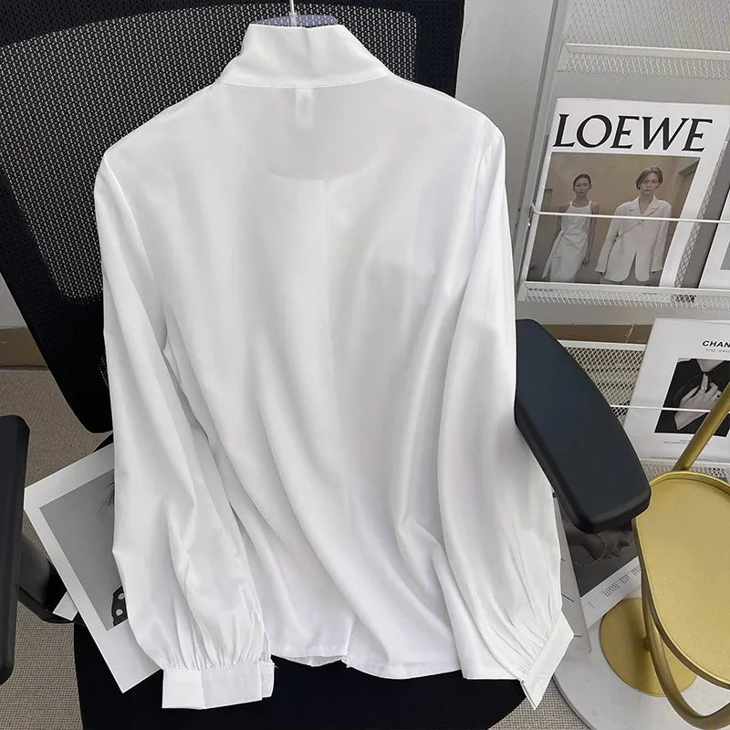 Women's White Chiffon Long Sleeve Blouse Elegant Korean Style Office Shirt Lightweight Temperament Workwear Top